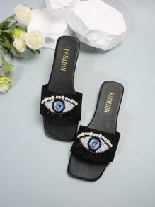 Women's Square Toe Flat Sandals With Rhinestone And Pearl Decor, Casual Slip-On Beach Style Flat Slippers,Spring Summer Outfits - Black - View 4