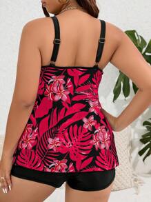 Swim Lushoire Plus Size Women's Summer Beach Floral Printed Tankini Set - Hot Pink - View 2