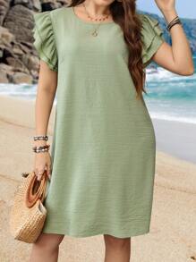 EMERY ROSE Plus Size Solid Color Ruffle Hem Dress - Green - View 4