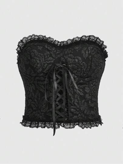 Goth Lace Up Shirred Contrast Lace Tube Top