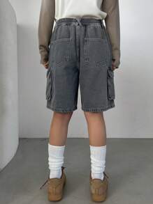 DAZY Women's Retro Denim Cargo Shorts With Elastic Waist And Wide Leg, Casual Loose Fit Summer Denim Shorts Jorts - Medium Wash - View 2