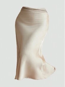 SHEIN Privé Plus Size Solid Color Mermaid Tail Midi Skirt - Apricot - View 4