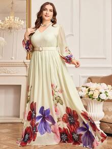 Women's Autumn V-Neck Elegant Floral Print Lantern Sleeve Dress With Belt, Butter Yellow - Yellow - View 4