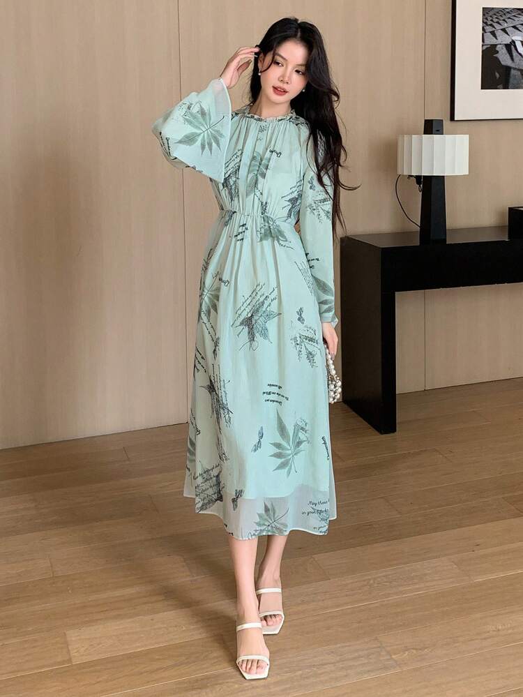 Vestido de gasa con estampado de hoja de arce y eslogan para mujer, vestido largo de manga larga para vacaciones