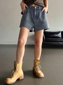 DAZY 复古水洗阔腿牛仔短裤 夏季牛仔短裤 - 藍色 - 查看 6