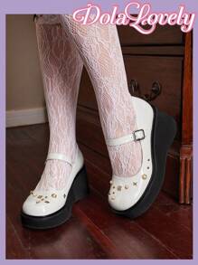 Dola Lovely Women'S Faux Pearl Studded Mary Jane Shoes With Chunky Heel, Heart Buckle, Fashionable Wedge Shoes For Women