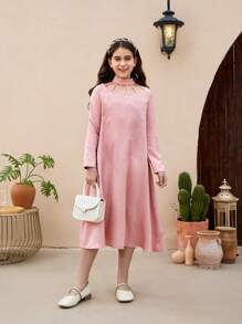 SHEIN Tween Girls寬鬆可愛輕盈宮廷風格立領長袖長裙 - 藕粉色 - 查看 6
