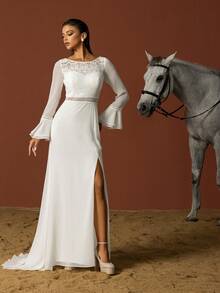 Lace Panel Minimalist French Style Flared Sleeve Light Wedding Dress - White - View 7