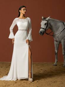 Lace Panel Minimalist French Style Flared Sleeve Light Wedding Dress - White - View 5