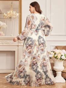 Vestido de manga larga estampado floral de talla grande y modesto