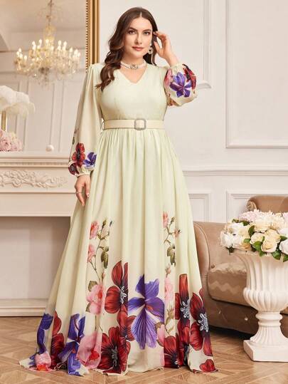Women's Autumn V-Neck Elegant Floral Print Lantern Sleeve Dress With Belt, Butter Yellow