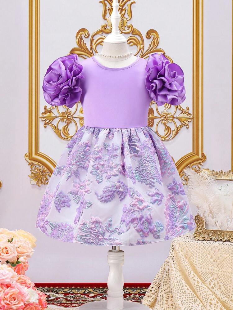 Ramadan YOUNG Girl Elegant Short Sleeve 3D Floral Dress, Summer