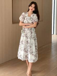 DAZY Đầm maxi họa tiết hoa, cổ chữ V, chất liệu chiffon, viền xếp ly và eo nhún. - Cà phê - Xem 8