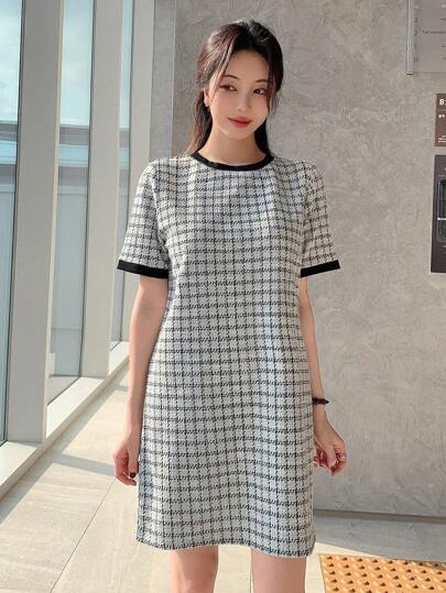 DAZY 女式格子宽松T恤连衣裙、迷你连衣裙