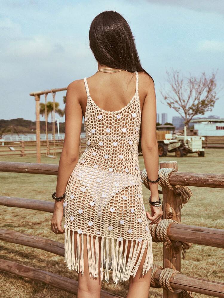 Women's Sleeveless Knitted Dress With Shiny Sequins, Hollow Out Design And Fringed Details