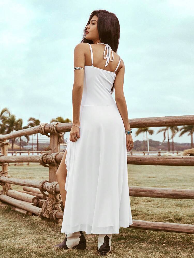 Women's Asymmetrical Ruffle Hem Waist Cinched Maxi Cami Dress