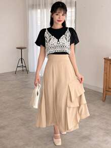 FRIFUL Ladies Round Neck Lace Spliced 2 In 1 T-Shirt - Black - View 4