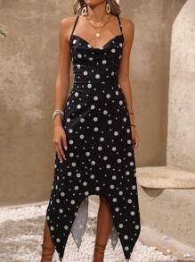 Chiquease Vestido De Tirante Espagueti Con Dobladillo Asimétrico Y Cuello Drapeado Con Estampado De Lunares Para Mujer - Multicolor - Ver 6