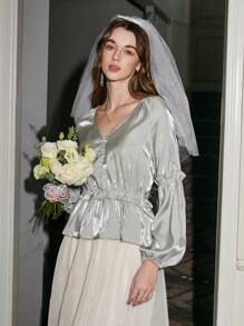 GENKIRA Solid V-Neck Lantern Sleeve Blouse With Ruffle Hem - Silver - View 3