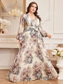 Vestido de manga larga estampado floral de talla grande y modesto