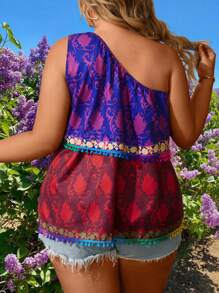 SHEIN Clasi Camisa De Talla Grande Con Dobladillo De Flecos, Bloque De Color Impreso Y Parcheado - Multicolor - Ver 2