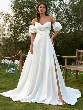 Detachable Puffy Sleeves Wedding Dresses For Bride With Pockets Satin High Slit Prom Dresses Ball Gowns