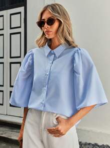 SHEIN Privé Của phụ nữ Màu thuần Xếp li Tay áo chuông Áo sơ mi - Màu xanh lam - Xem 6