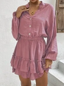 Pink Crinkle Ruffles Dress Women Holiday - Pink - View 3