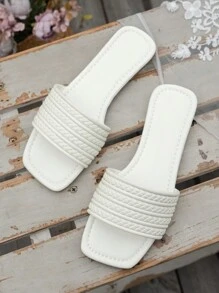 夏季女式純白色編織平底涼鞋平跟拖鞋適合性感派對和海灘 - 白色 - 查看 6