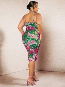 SHEIN BAE 大碼魚骨形體貼粉色印花細肩帶緊身裙 - 綠色 - 查看 2