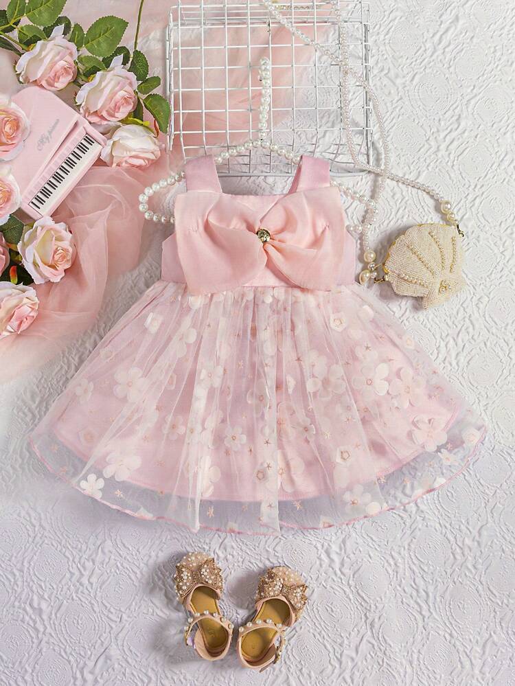 Baby Girl Elegant Mesh Splice Dress With Bow Decoration