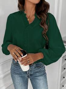 SHEIN LUNE Blusa Con Manga Farol Con Volante Y Adorno De Borde Con Color Sólido - Verde Oscuro - Ver 5