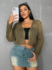 Flirla Plus Size Solid Color Hollow Out Knitted Cropped Cardigan Fall Cloth For Women - Green - View 3