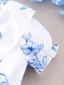 Teenage Girl's Floral Printed Asymmetrical Shoulder Jumpsuit Romper With Ruffle Hem, Including Waist Belt - Blue - View 3