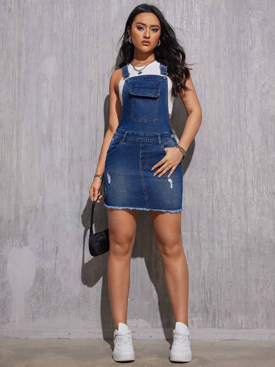 SHEIN Tall Váy tổng thể denim rách Hem Bodycon - Rửa tối - Xem 1