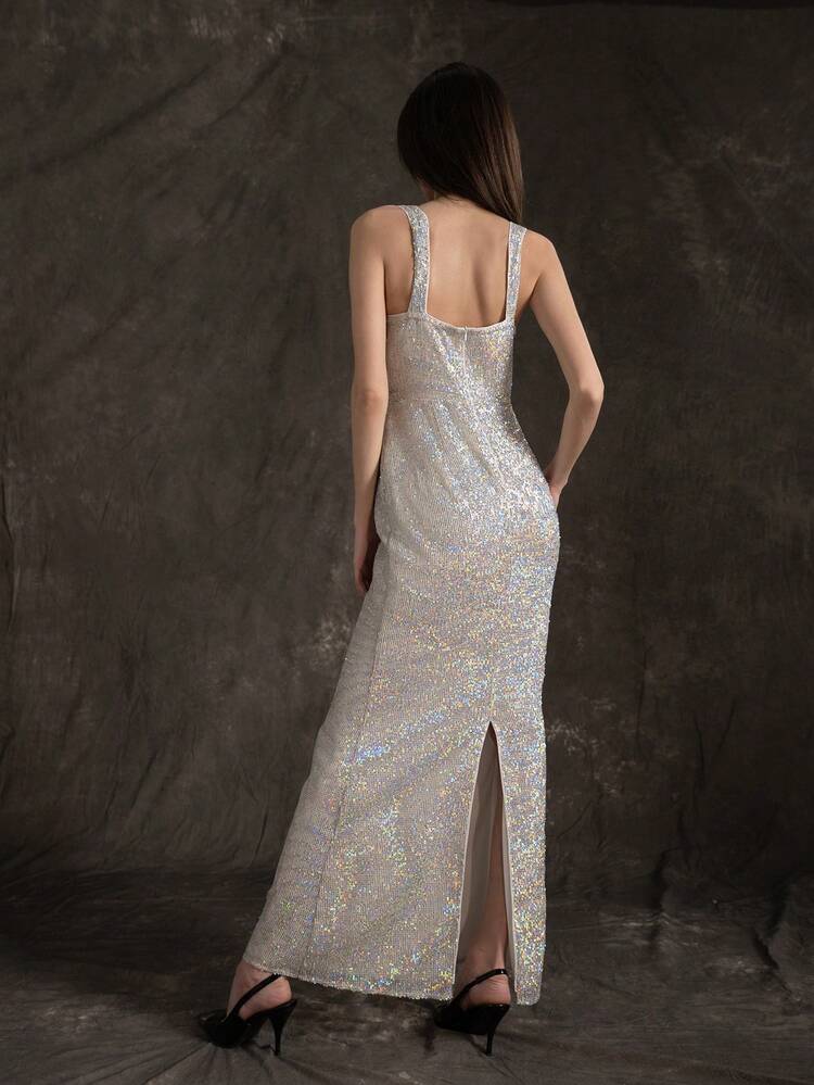 Glittery Backless Slit Tank Dress