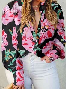 Hơn In hoa Tay áo lồng đèn Áo sơ mi - màu đen - Xem 3