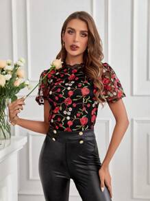 SHEIN Clasi Camisa Con Mangas De Malla Transparente Bordada