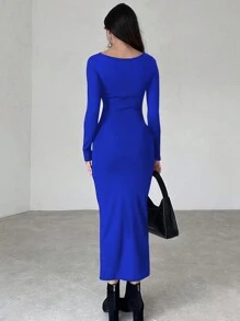 INAWLY Solva Của phụ nữ Đứng cổ áo Tay áo dài Xếp li Váy bodycon - Màu xanh lam - Xem 3