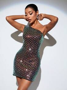 SHEIN Allurite 女性單肩魚鱗亮片連身裙 - 紫色 - 查看 5