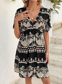 SHEIN LUNE Vestido de muñeca asimétrico estampado bohemio para mujeres, vacaciones de verano - Negro - Ver 4