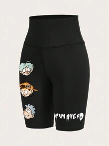 SHEIN EZwear Cartoon Print Casual Knit Cycling Shorts, Tight Leggings For Women, Suitable For Summer