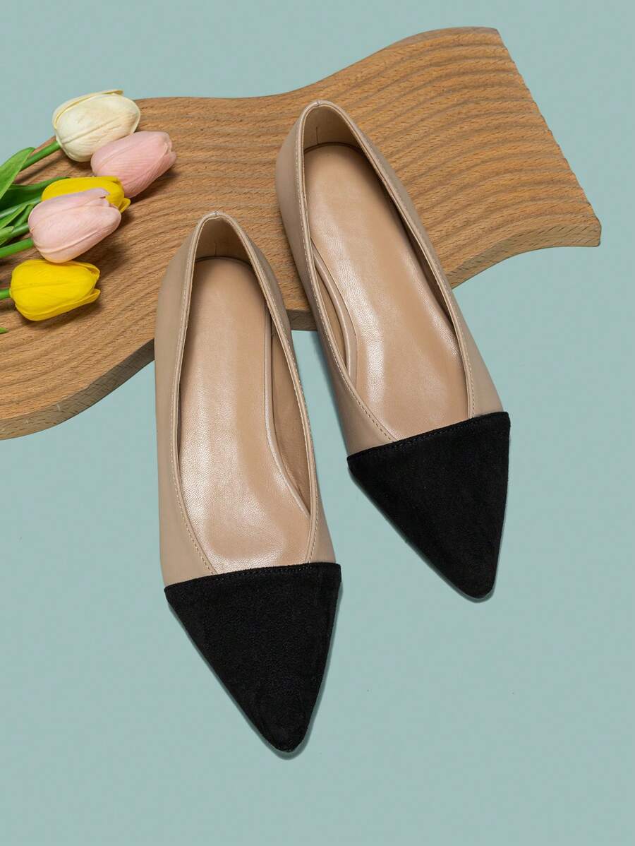 Zapatos planos de mujer de moda y elegantes con punta puntiaguda, bloques de color, empeine bajo, versátiles, apropiados para el trabajo, aptos para todas las estaciones