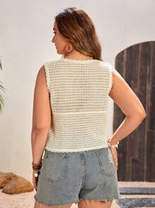 SHEIN VCAY Plus Size Casual Color Block Crochet Knitted Sweater Vest