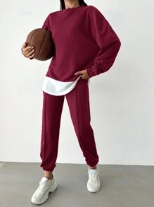 EURMUSE Pantalones deportivos con sudadera de hombros caídos 2 en 1 - Burdeos - Ver 3