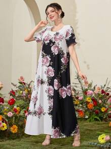 Al Najma 花卉印花短袖阿拉伯连衣裙 - 黑與白 - 查看 7