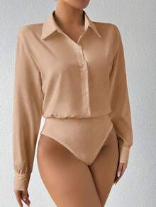 SHEIN Privé 女士純色襯衫連身衣 - 卡其色 - 查看 5