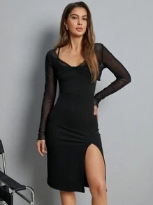 SHEIN Essnce 女士網紗扭結防曬上衣搭配 spaghetti strap裙子套裝 - 黑色 - 查看 1
