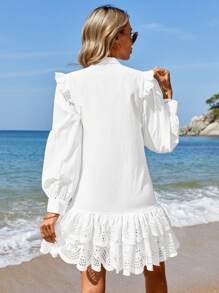 RueChic Embroidered Stand Collar Asymmetric Hem Dress