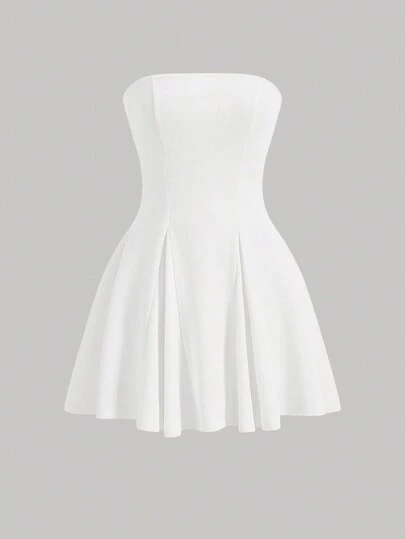 SHEIN MOD Women's Music Festival White Strapless Flare White Dress,White Graduation Dress